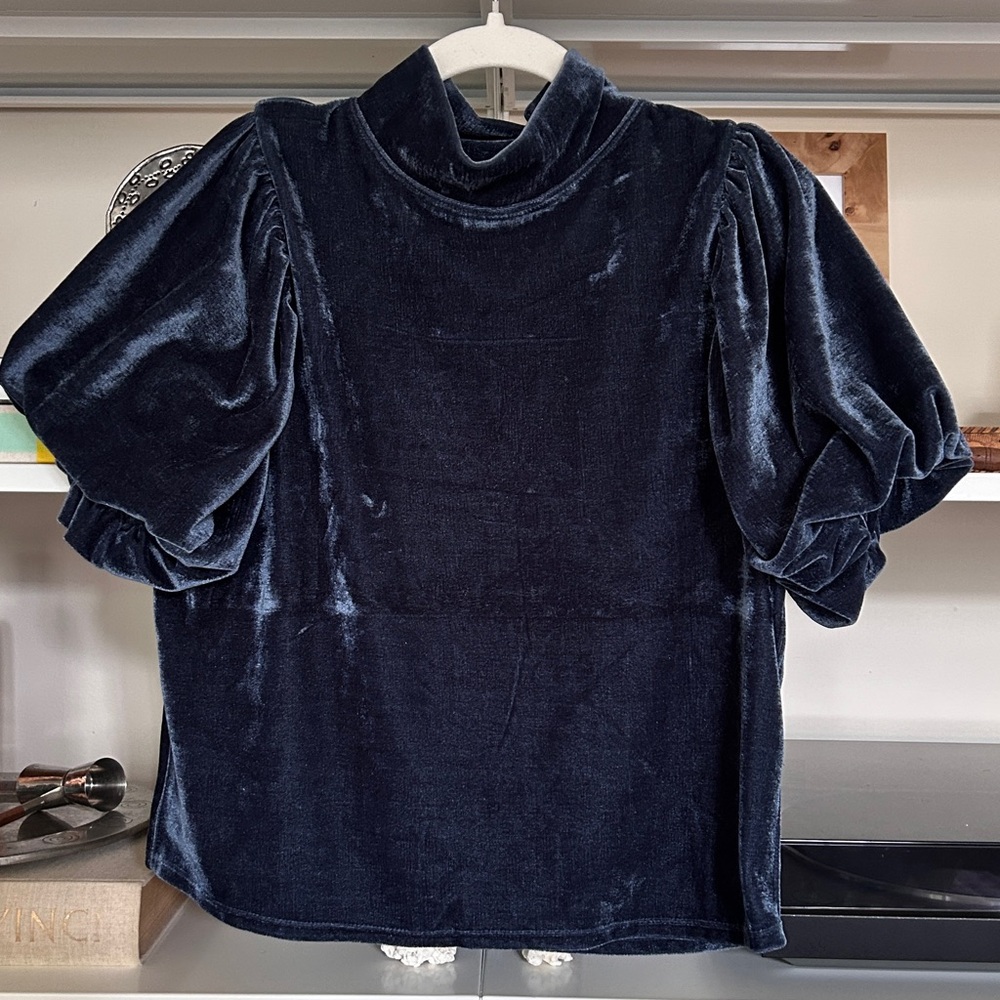 Free People Velvet “Claudia” Blue Puff Sleeve Top Size S